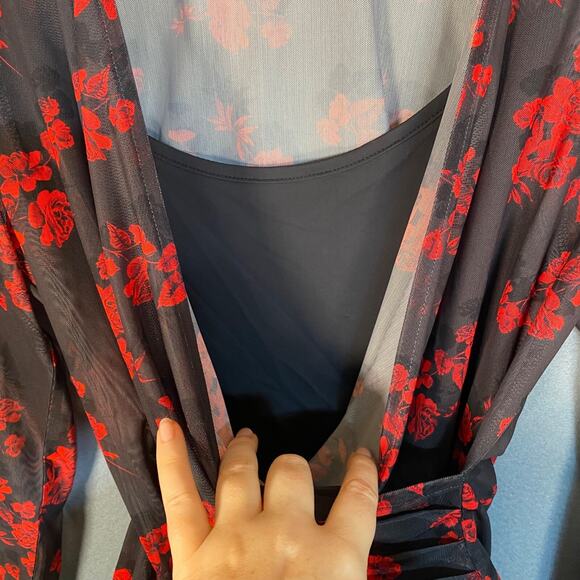 Tahari Womens Dark Floral Wrap Bodysuit Size Large Sheer Whimsigoth Romantic - Picture 6 of 10